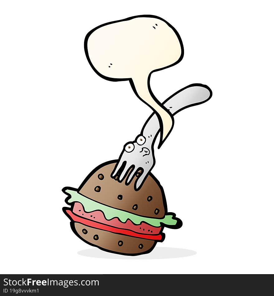 Cartoon Fork And Burger With Speech Bubble