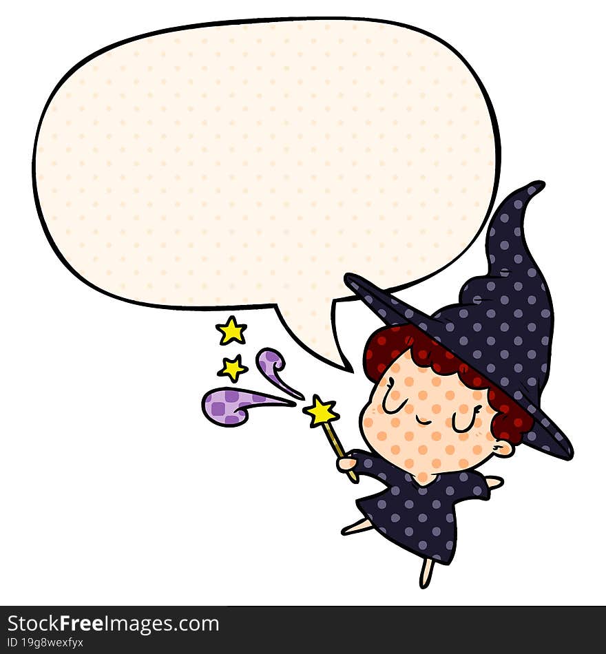 cute cartoon witch casting spell and speech bubble in comic book style