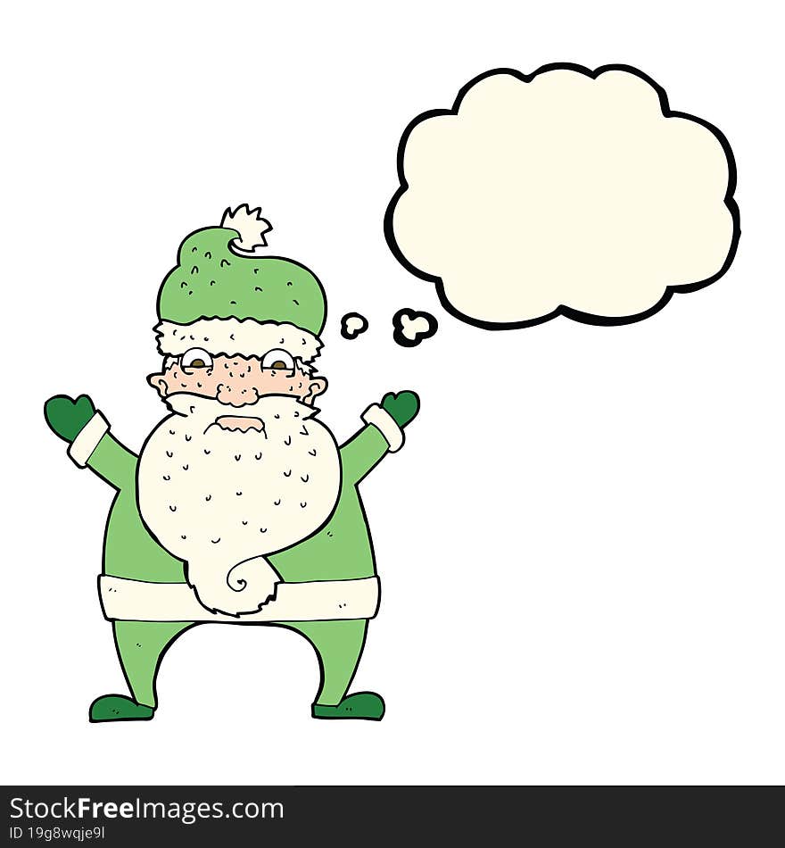 cartoon stressed out santa with thought bubble