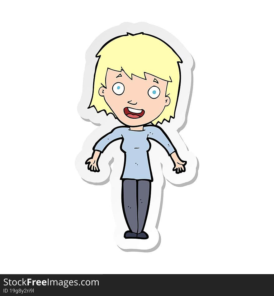 sticker of a cartoon woman shrugging shoulders