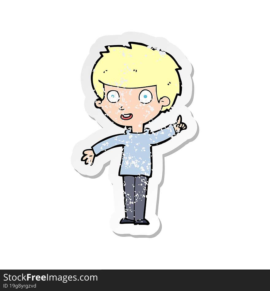 retro distressed sticker of a cartoon boy with idea