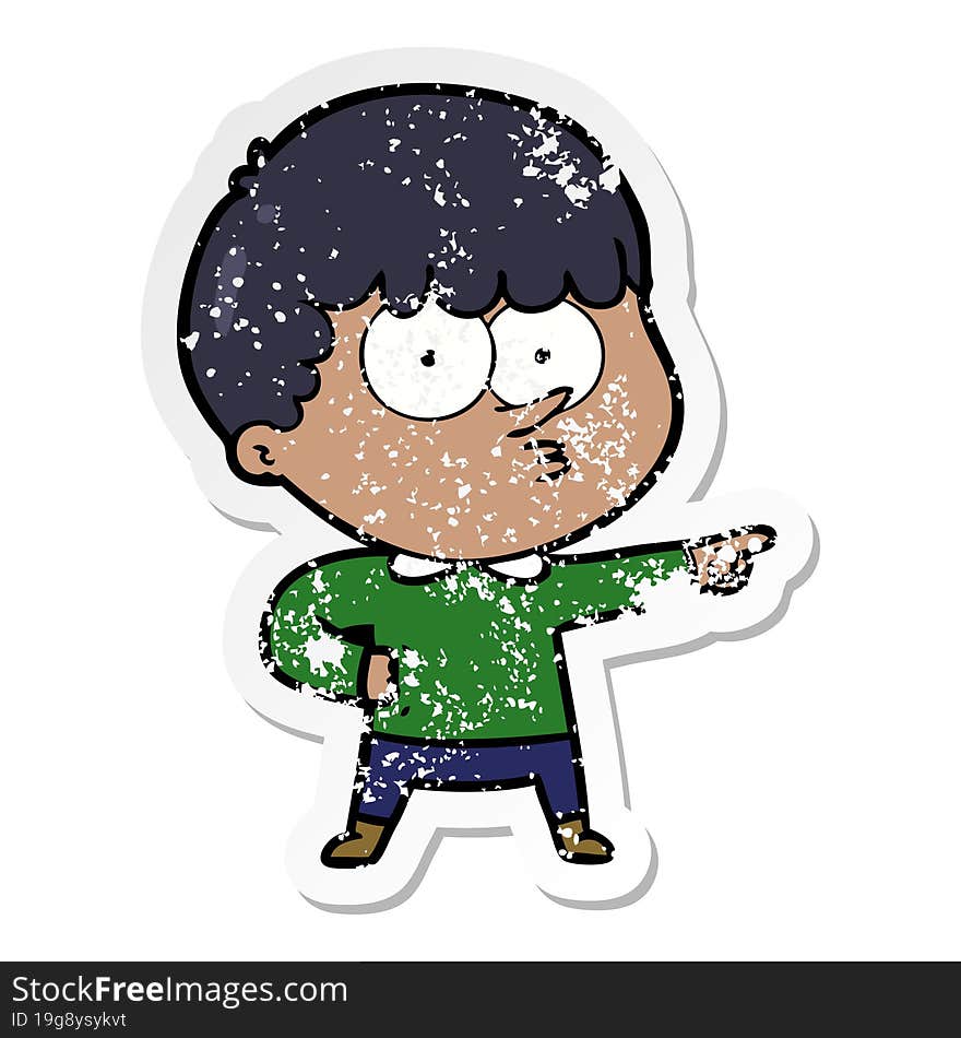 Distressed Sticker Of A Cartoon Pointing Boy