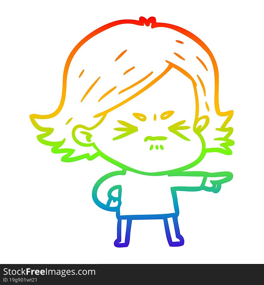 rainbow gradient line drawing of a cartoon angry girl