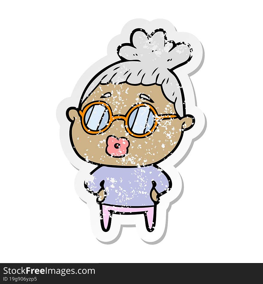 distressed sticker of a cartoon librarian woman wearing spectacles