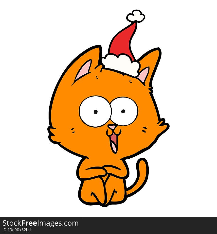 funny hand drawn line drawing of a cat wearing santa hat. funny hand drawn line drawing of a cat wearing santa hat