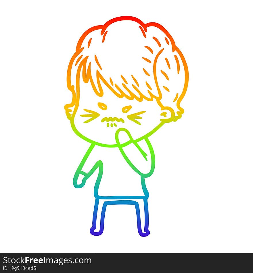 rainbow gradient line drawing cartoon frustrated woman