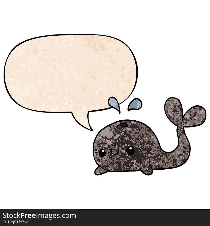 cute cartoon whale and speech bubble in retro texture style