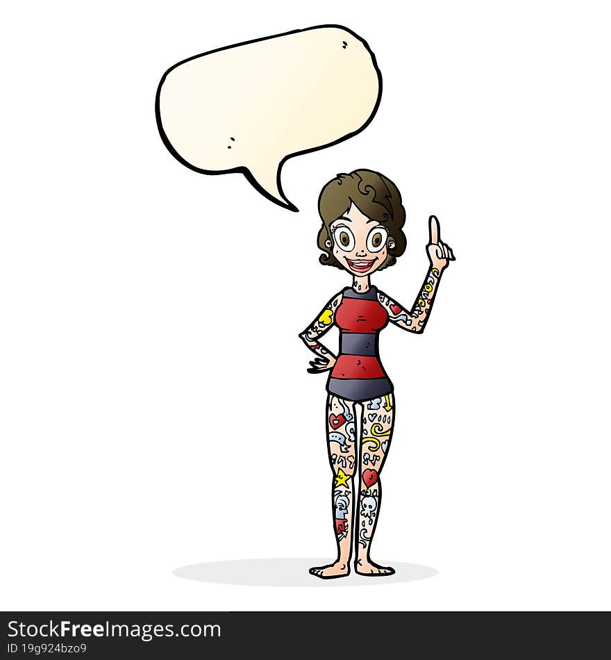 cartoon woman covered in tattoos with speech bubble