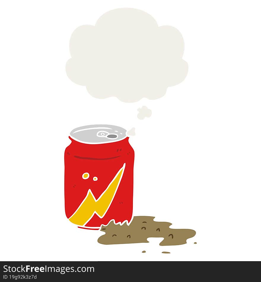 cartoon soda can with thought bubble in retro style