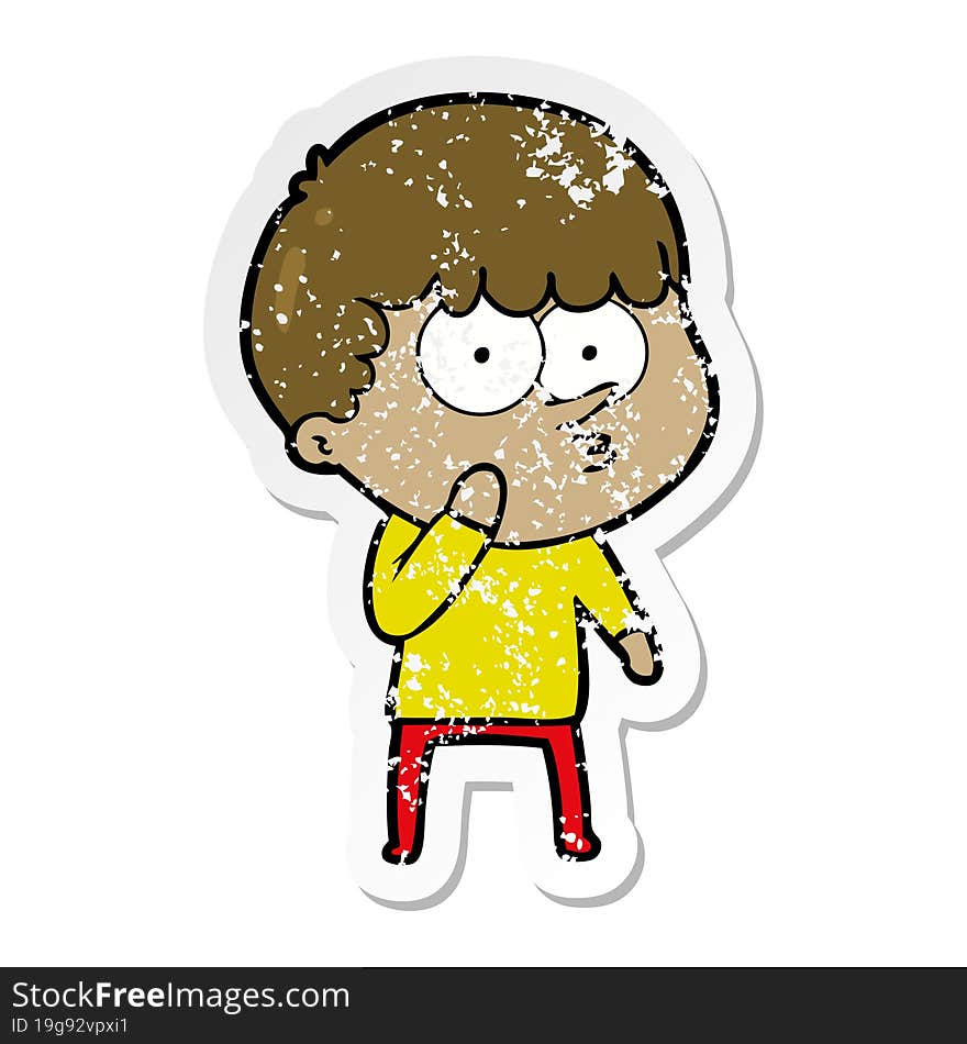 distressed sticker of a cartoon curious boy