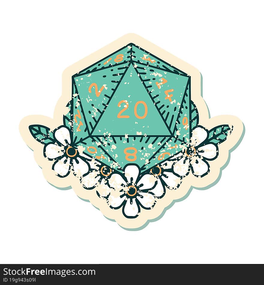 Natural 20 D20 Dice Roll With Floral Elements Grunge Sticker