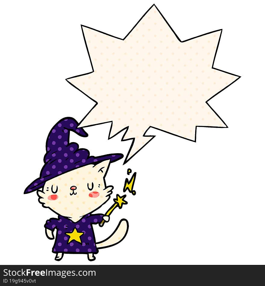 magical amazing cartoon cat wizard and speech bubble in comic book style