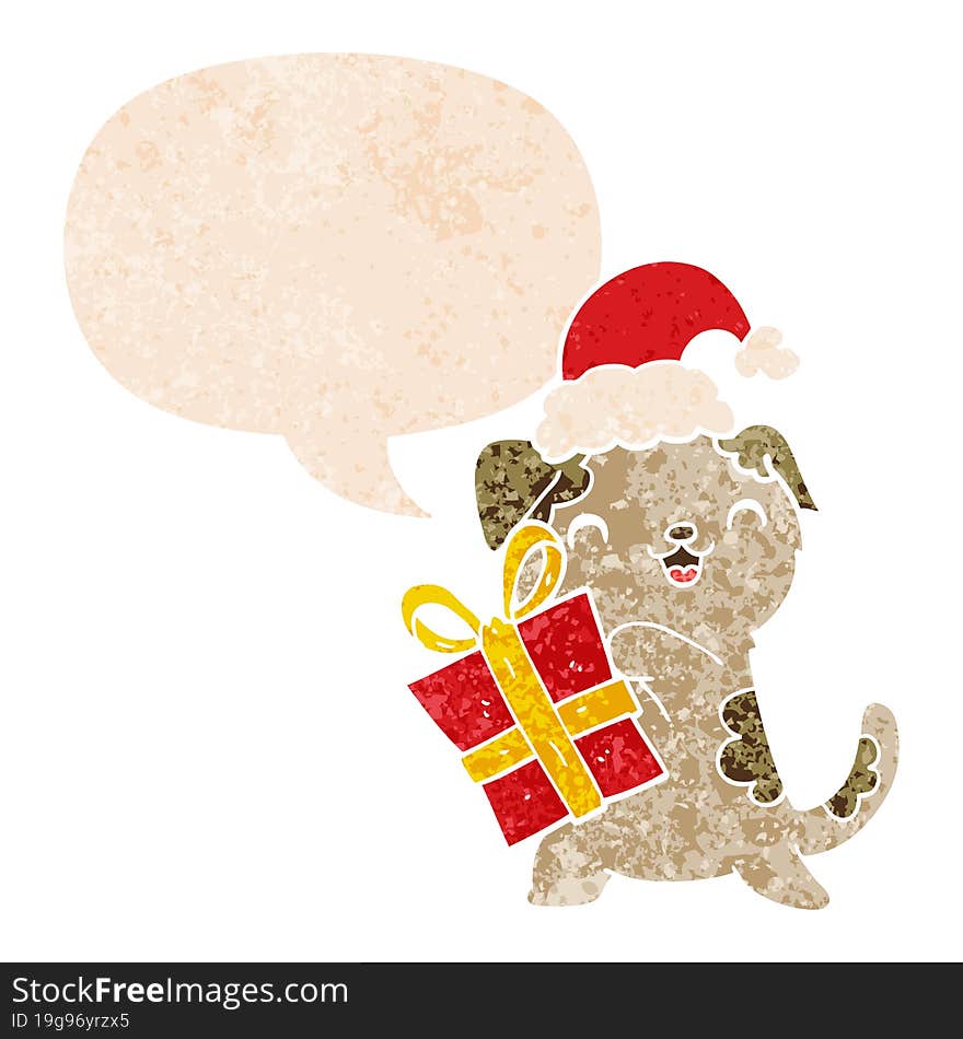 cute cartoon puppy with christmas present and hat with speech bubble in grunge distressed retro textured style. cute cartoon puppy with christmas present and hat with speech bubble in grunge distressed retro textured style