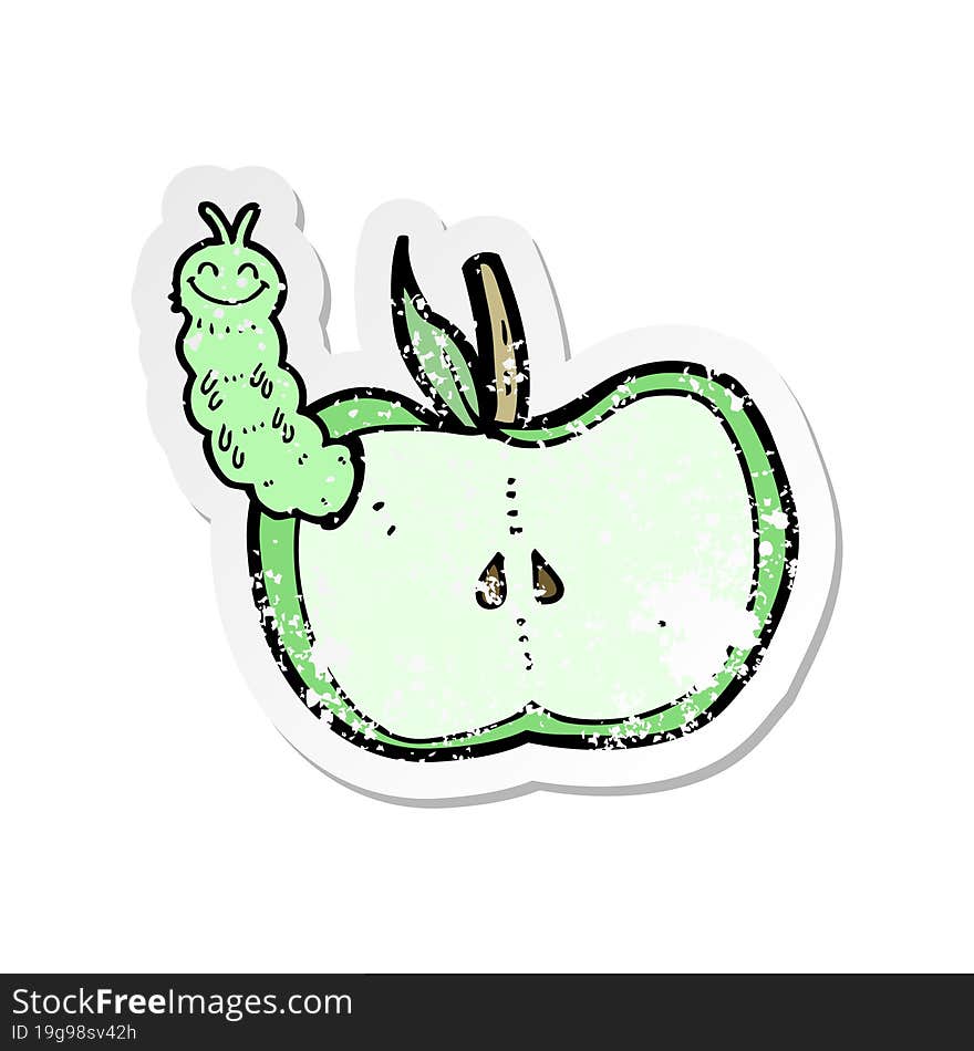 retro distressed sticker of a cartoon apple with bug