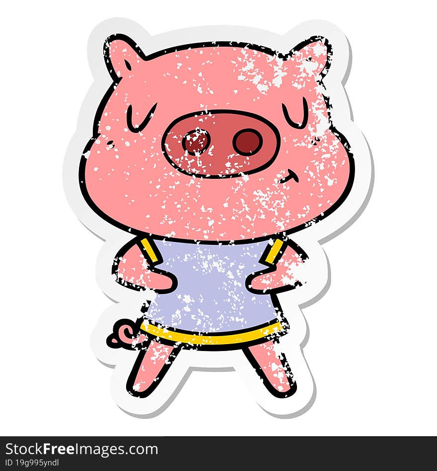 Distressed Sticker Of A Cartoon Content Pig Wearing T Shirt