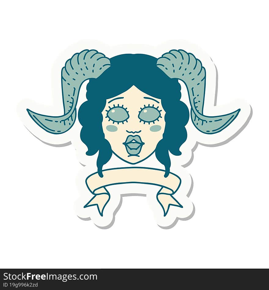 tiefling character face with scroll banner sticker