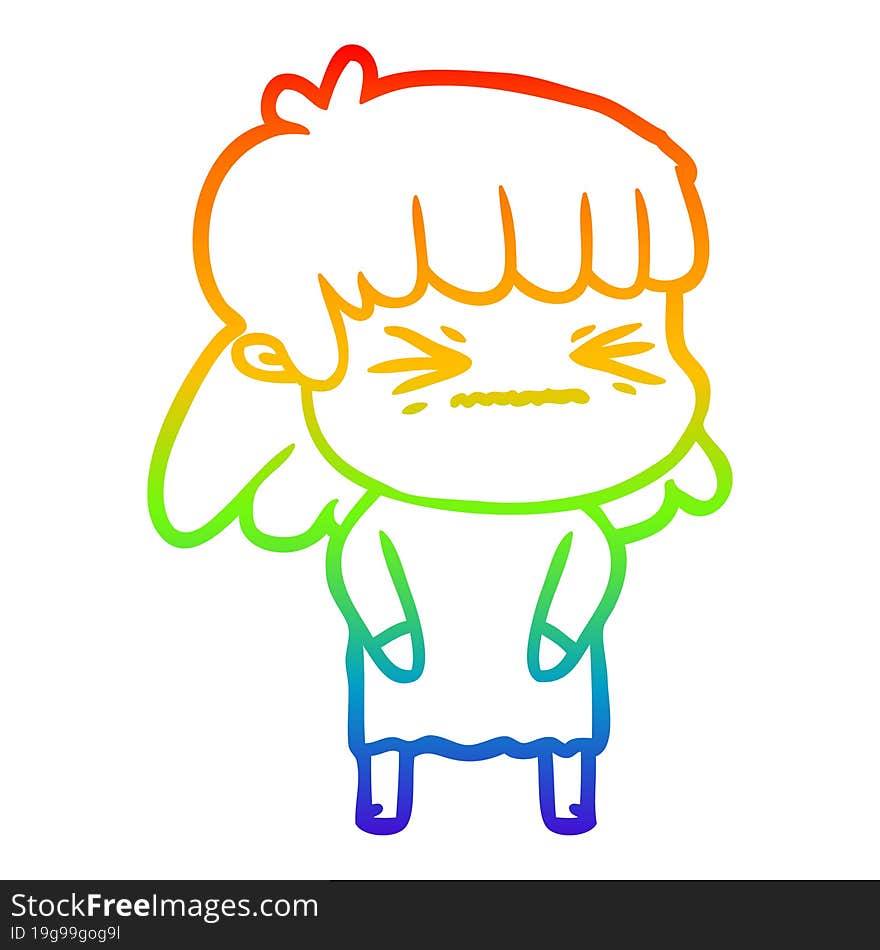 rainbow gradient line drawing of a cartoon angry girl