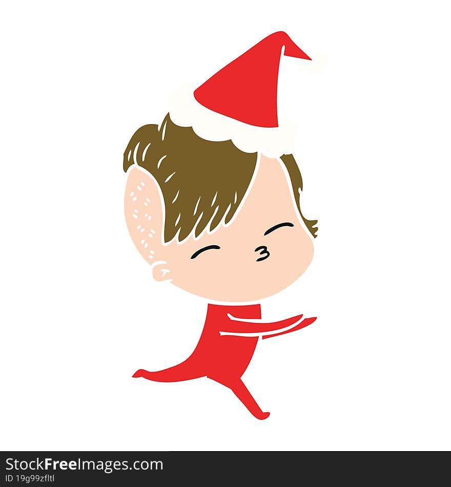 flat color illustration of a girl in onesie wearing santa hat