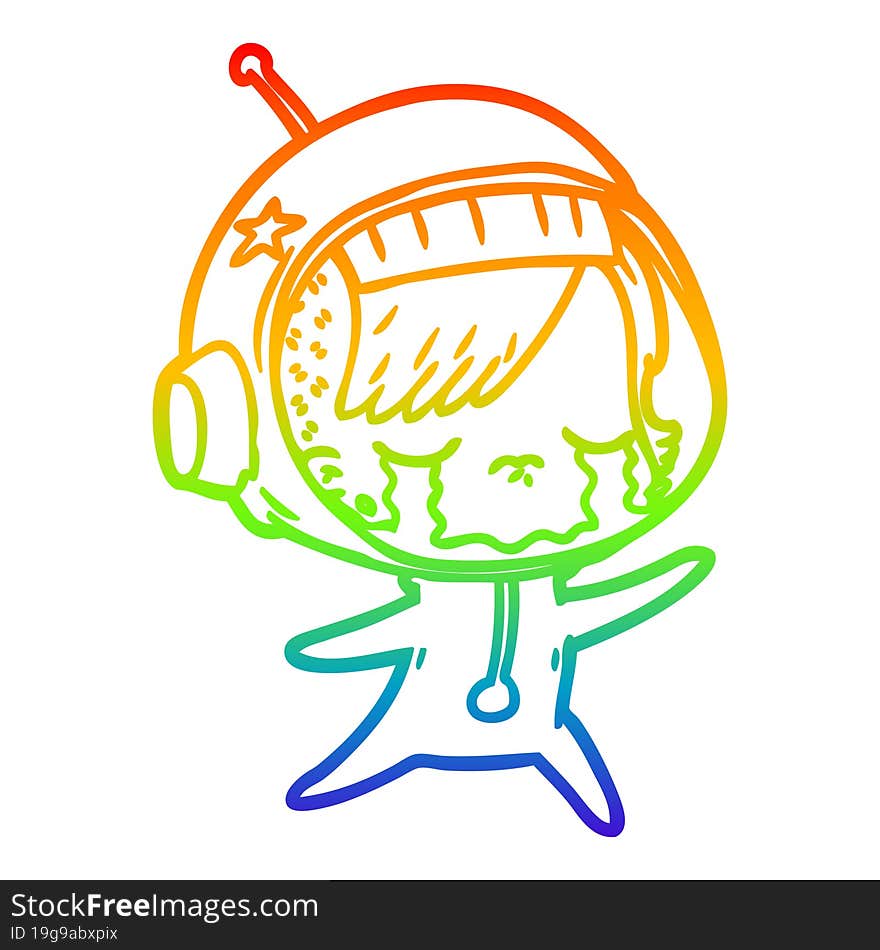 rainbow gradient line drawing cartoon crying astronaut girl