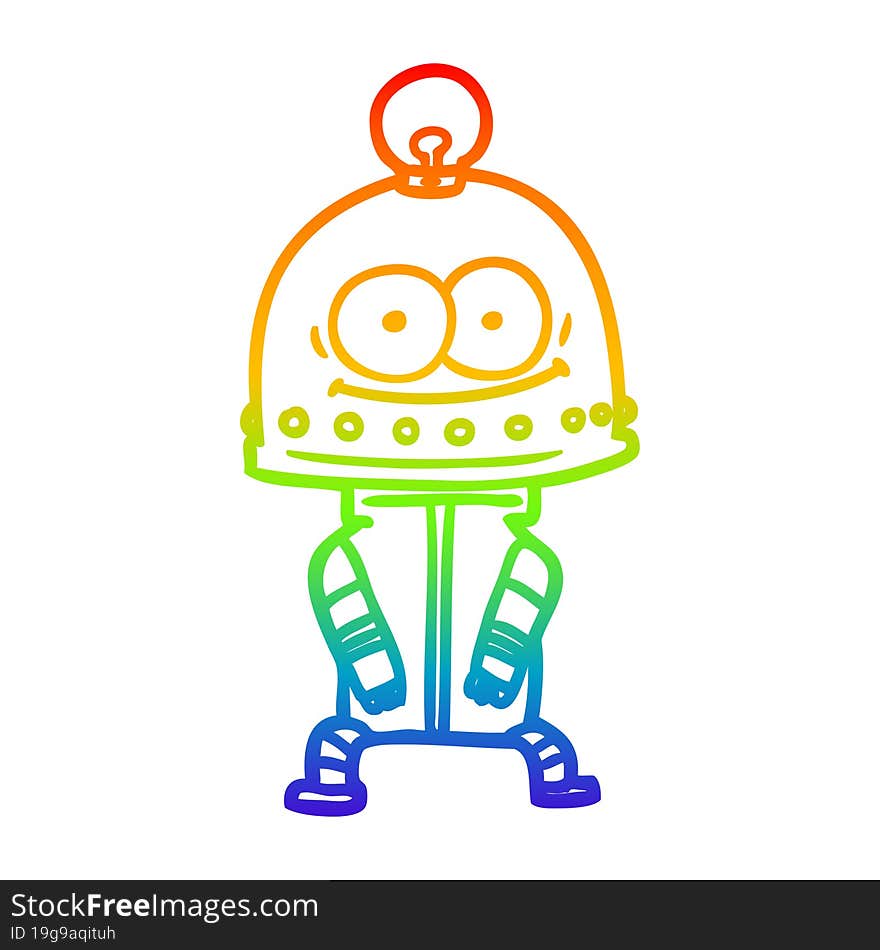 rainbow gradient line drawing happy carton robot with light bulb