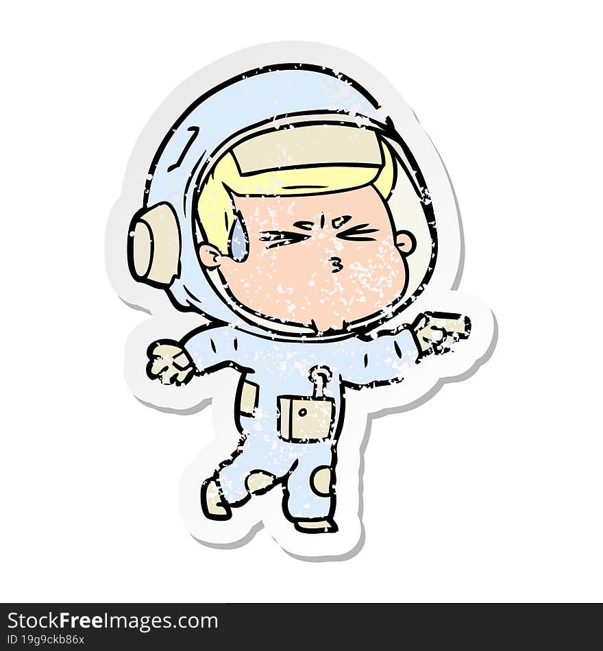 distressed sticker of a cartoon stressed astronaut