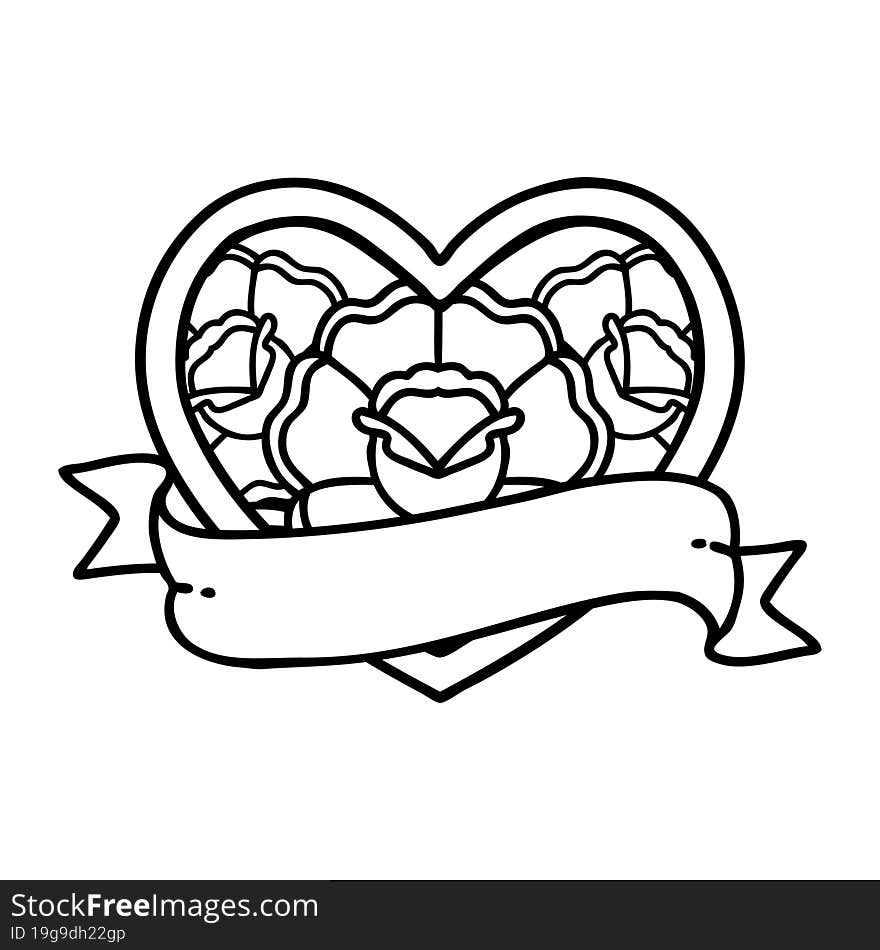 black line tattoo of a heart and banner with flowers