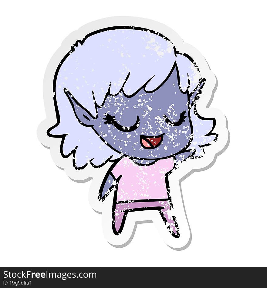 distressed sticker of a happy cartoon elf girl