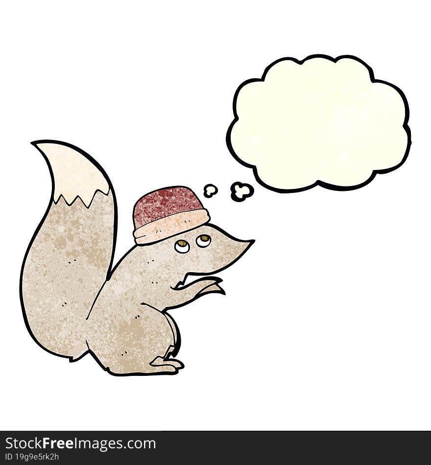 cartoon squirrel wearing hat with thought bubble