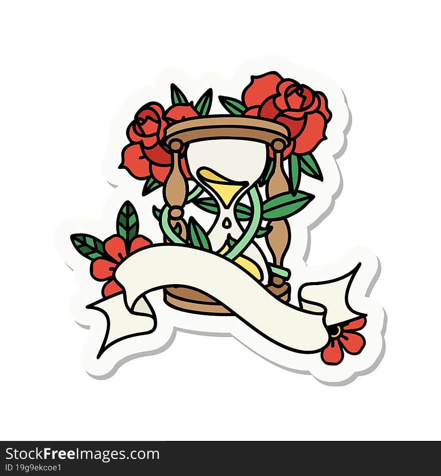 tattoo sticker with banner of an hour glass and flowers