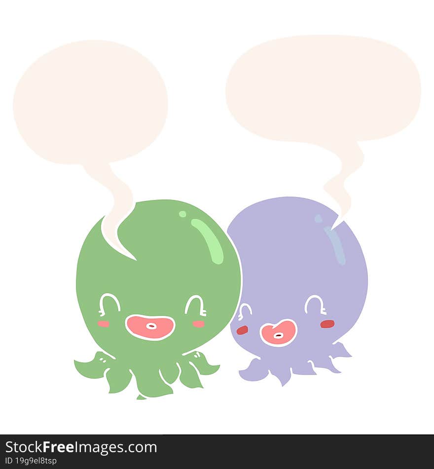 two cartoon octopi  and speech bubble in retro style