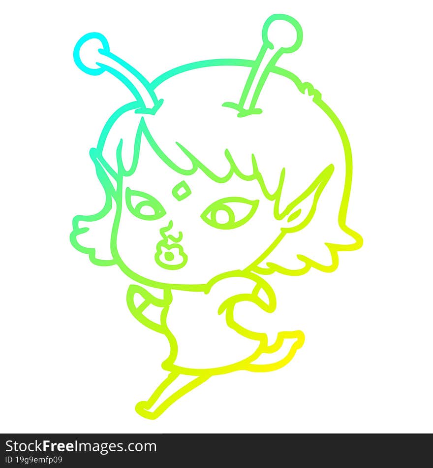 cold gradient line drawing pretty cartoon alien girl running