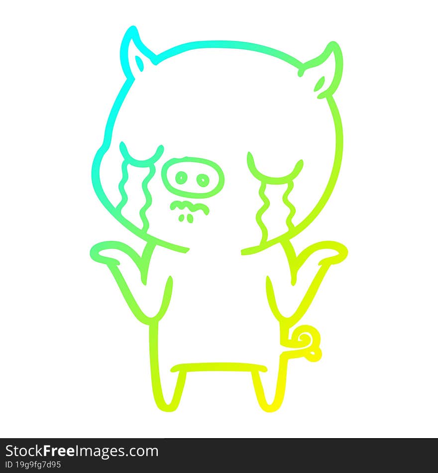 Cold Gradient Line Drawing Cartoon Pig Crying