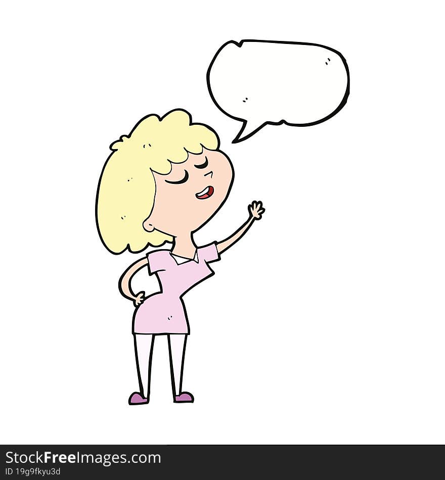 cartoon happy woman about to speak with speech bubble