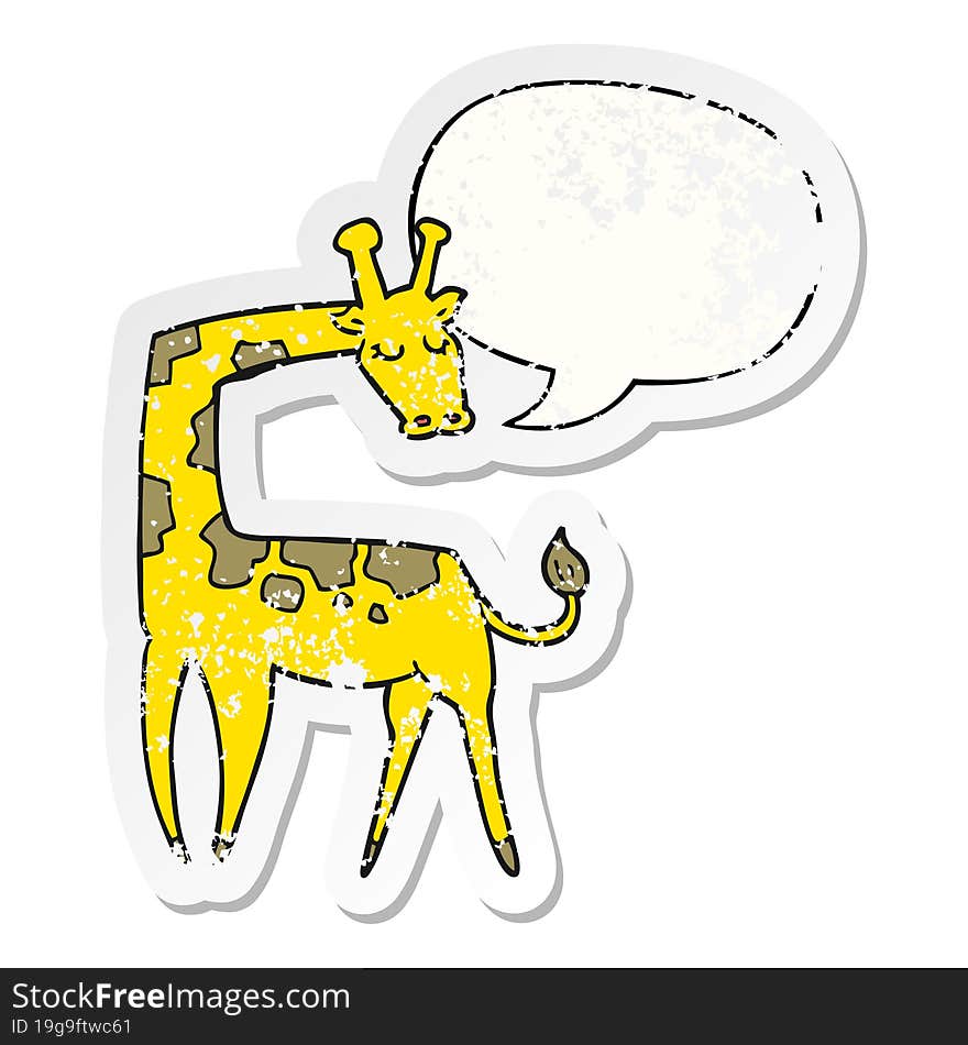 cartoon giraffe with speech bubble distressed distressed old sticker. cartoon giraffe with speech bubble distressed distressed old sticker