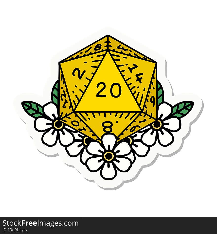 sticker of tattoo in traditional style of a d20. sticker of tattoo in traditional style of a d20