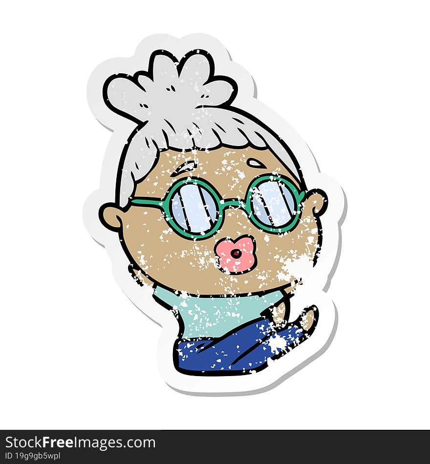 distressed sticker of a cartoon sitting woman wearing spectacles