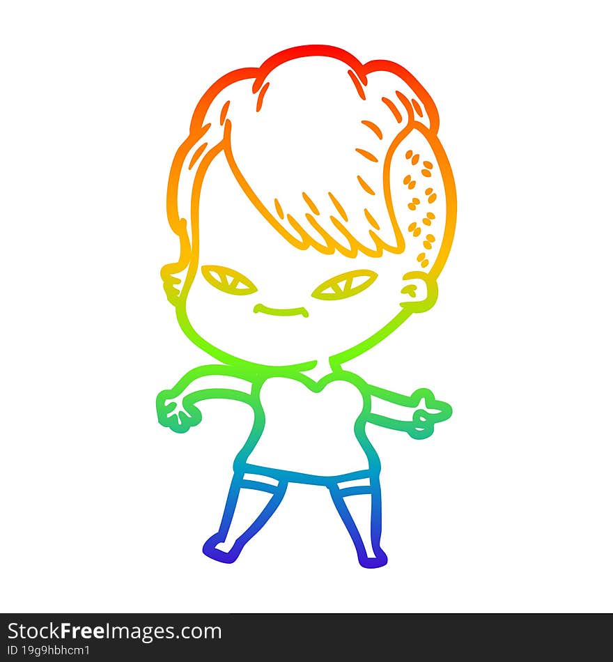 Rainbow Gradient Line Drawing Cute Cartoon Girl With Hipster Haircut