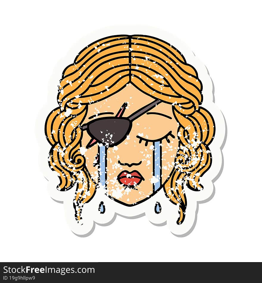 grunge sticker of a crying human rogue character. grunge sticker of a crying human rogue character