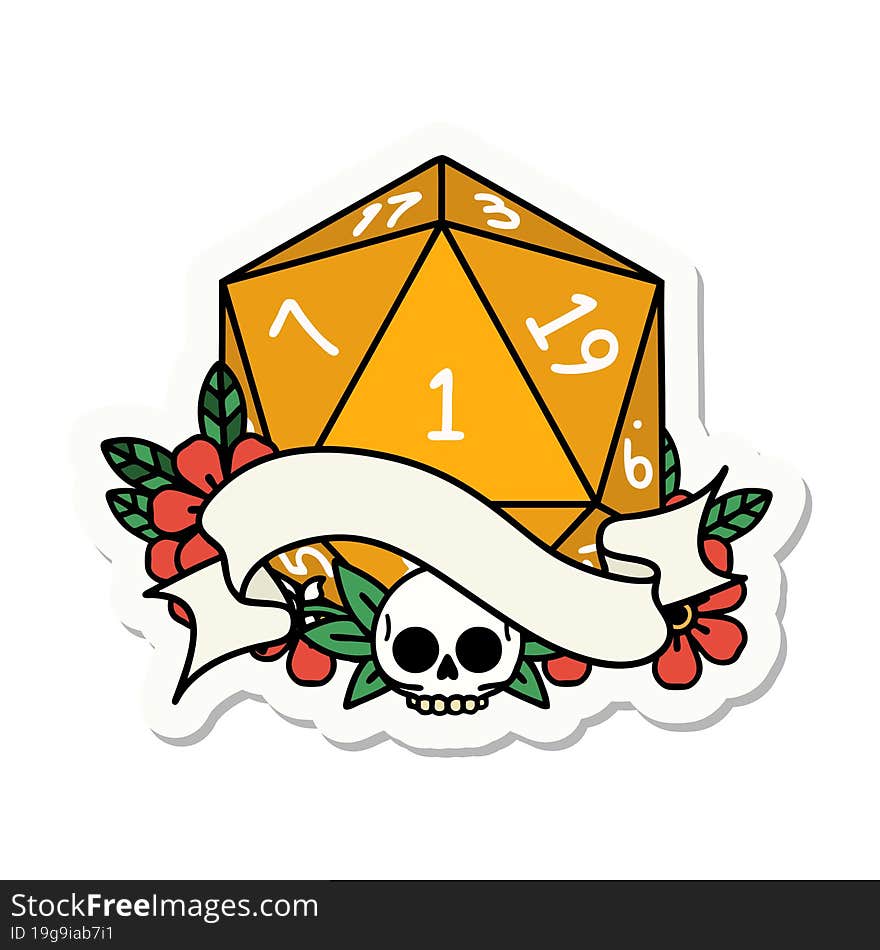 sticker of a natural one d20 dice roll. sticker of a natural one d20 dice roll