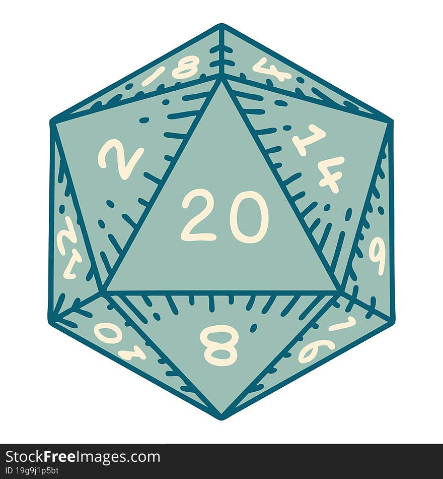 iconic tattoo style image of a d20 dice. iconic tattoo style image of a d20 dice