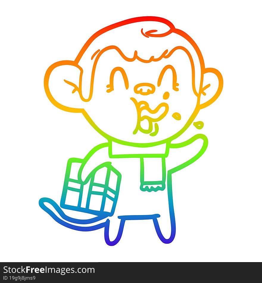 rainbow gradient line drawing crazy cartoon monkey with christmas present