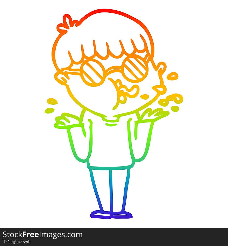 rainbow gradient line drawing cartoon boy wearing spectacles shrugging shoulders