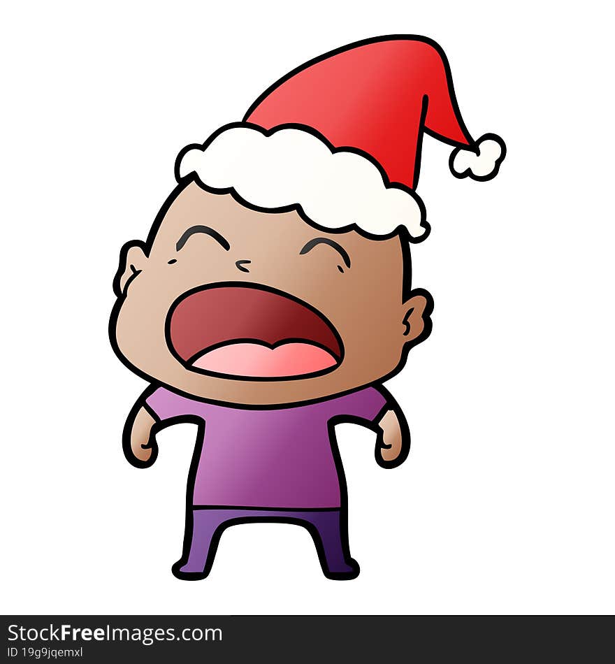 Gradient Cartoon Of A Shouting Bald Man Wearing Santa Hat