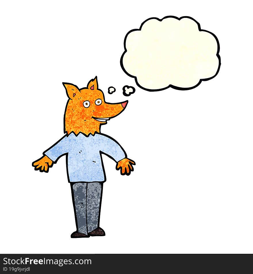 cartoon happy fox man with thought bubble