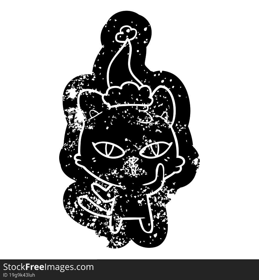 quirky cartoon distressed icon of a cat wearing santa hat