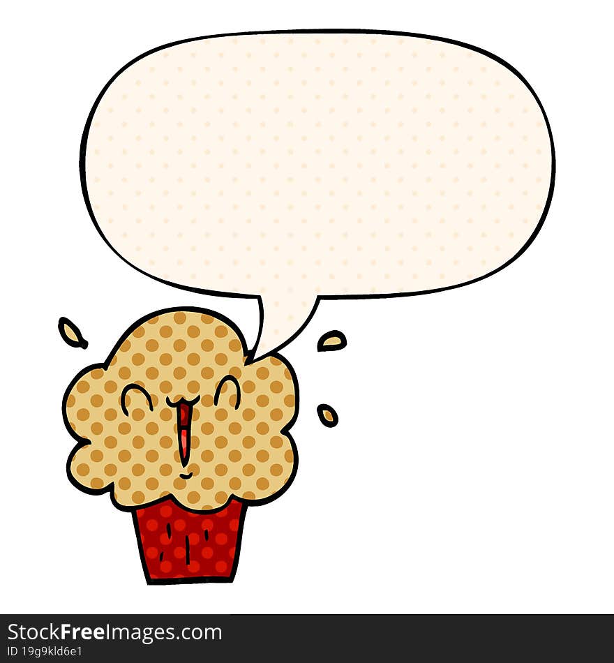 cartoon cupcake and speech bubble in comic book style