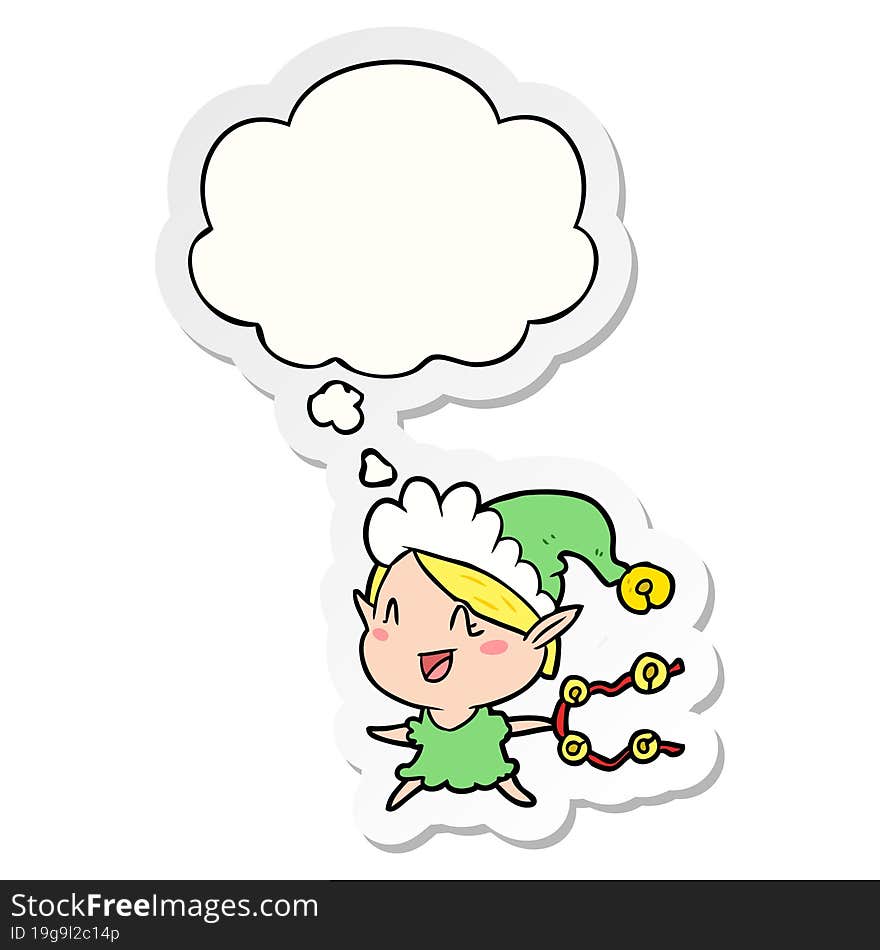 Cartoon Happy Christmas Elf And Thought Bubble As A Printed Sticker