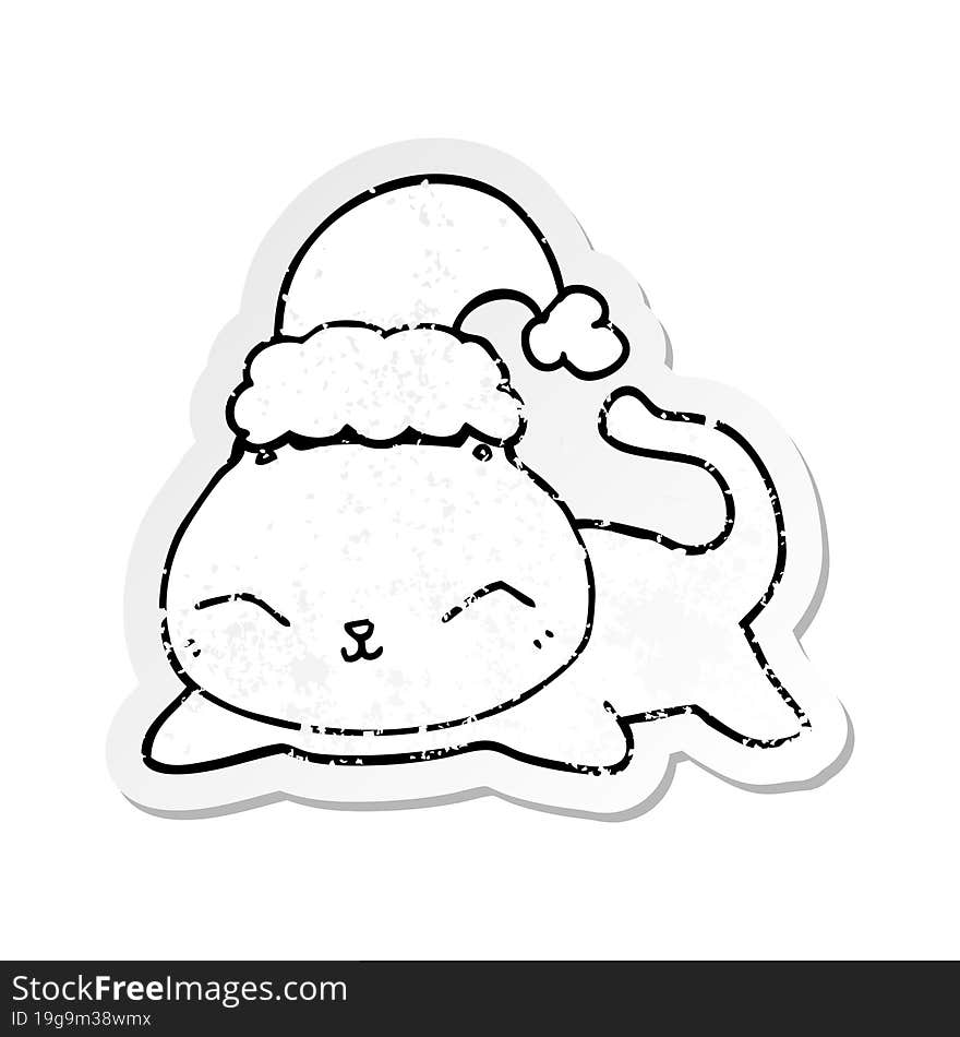 distressed sticker of a cute cartoon christmas cat