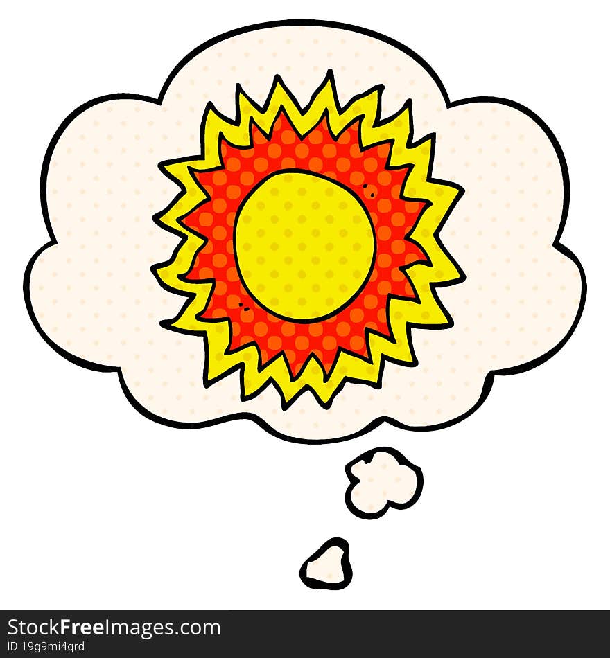 cartoon sun and thought bubble in comic book style