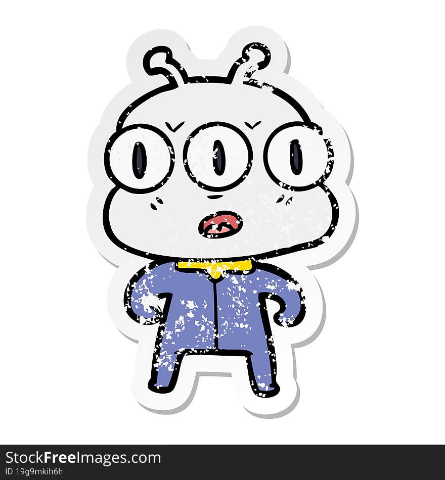 distressed sticker of a cartoon three eyed alien